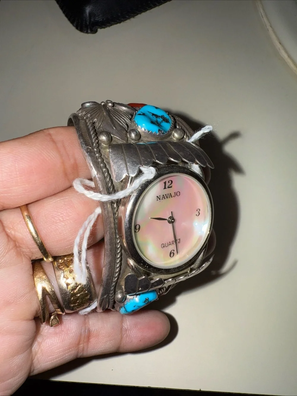 Vintage Sterling Silver Navajo Turquoise and coral inlay cuff watch
